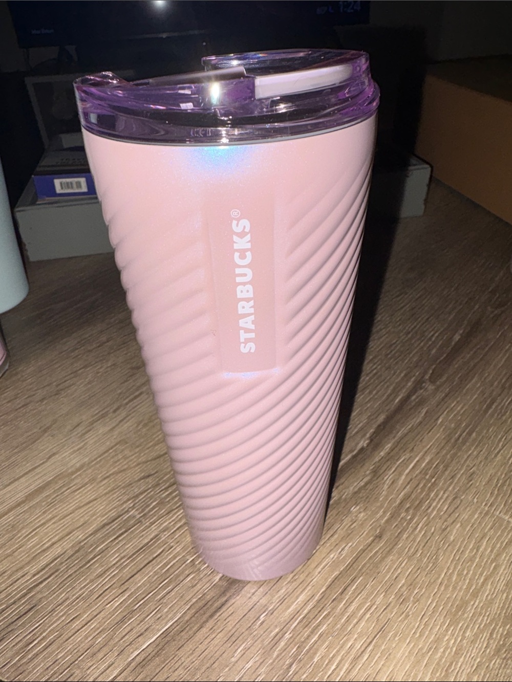 Starbucks Purple Spiraled Tumbler with Light Purple Lid.